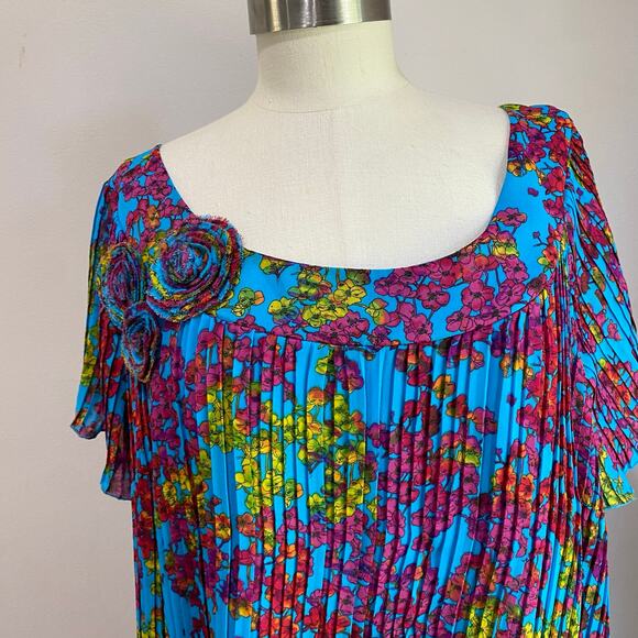 New Directions Blue Floral A Line Turquoise Pleated Midi Short Sleeve Dress 20W - Picture 10 of 11